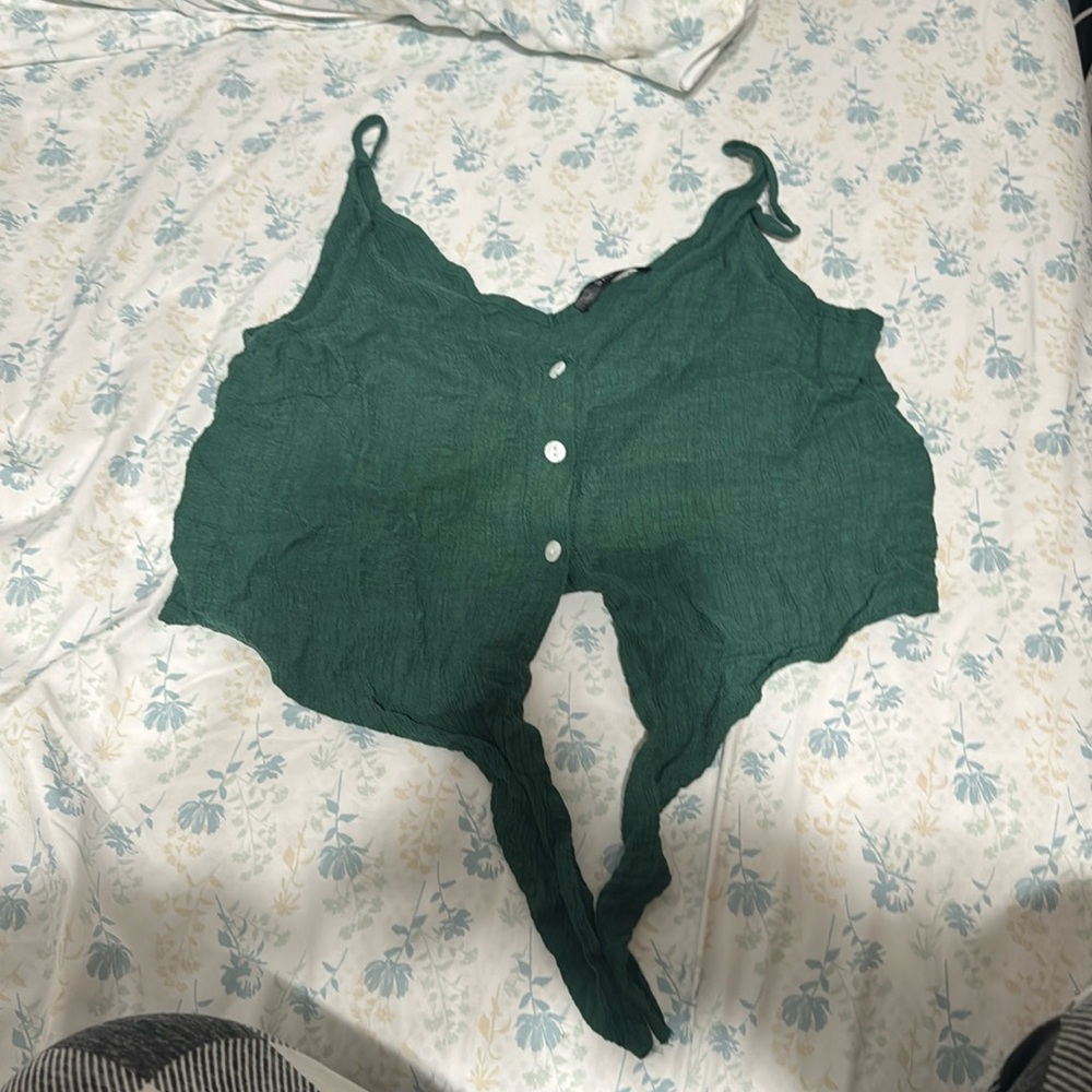 SHEIN green front knot button up crop cami top